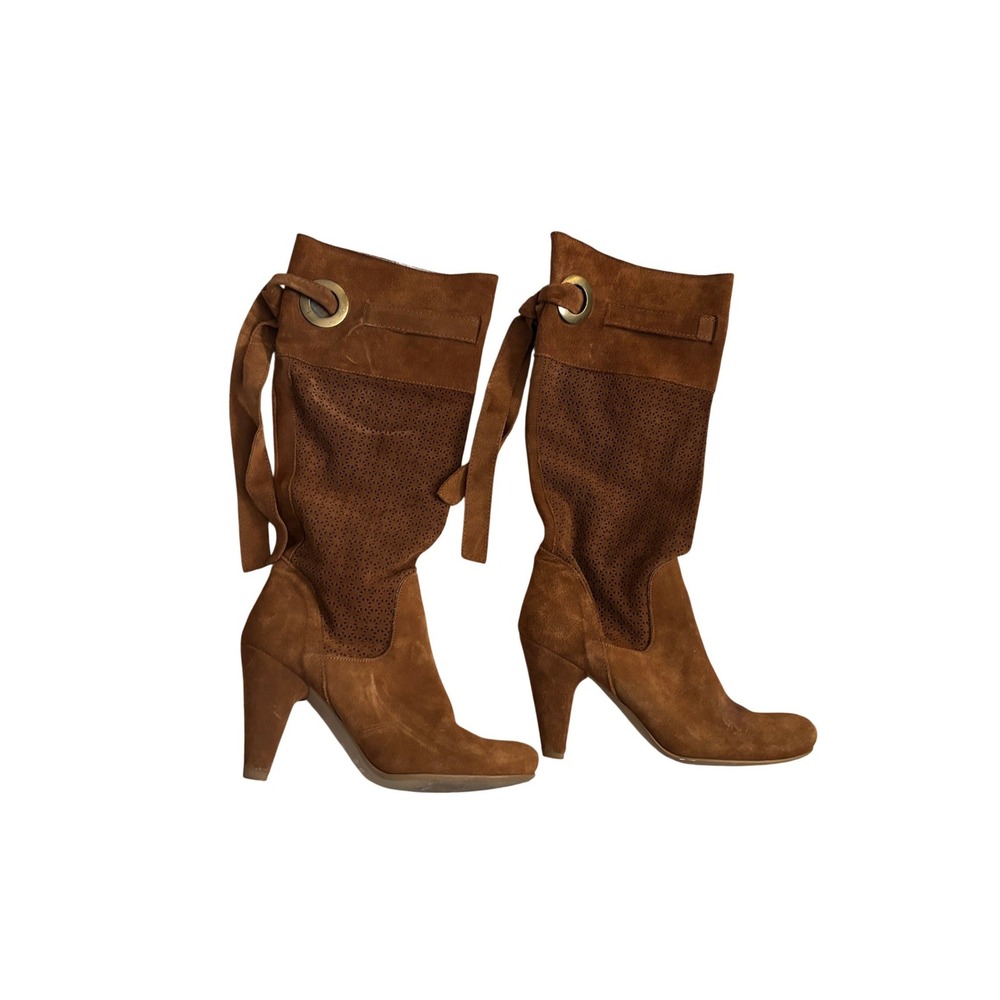 Made in Italy Brown Suede Perforated Mid-Calf Boots Brass Grommet Heel Size 37